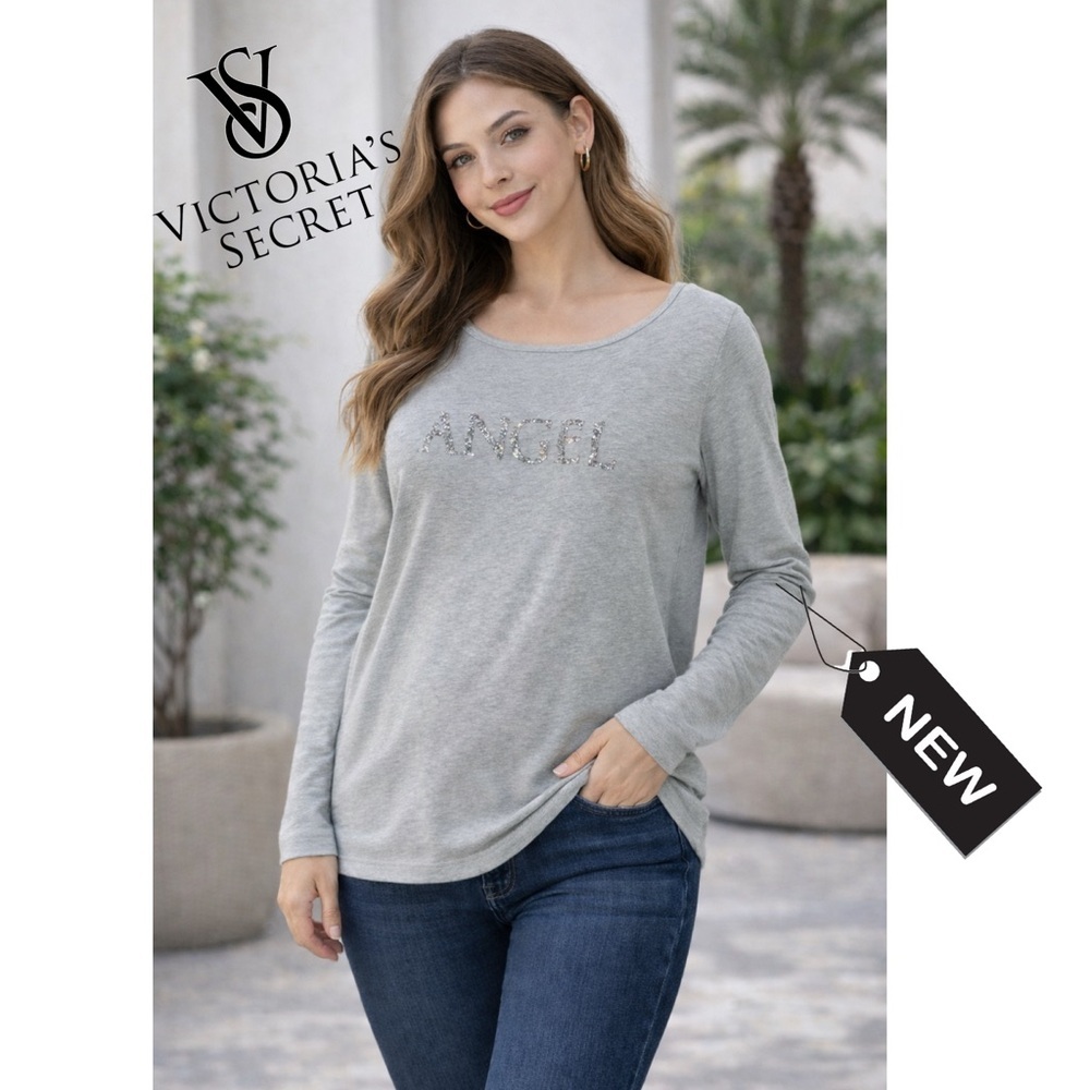 NWT women’s gray Victoria’s Secret long sleeve T-shirt w/angel logo sz L